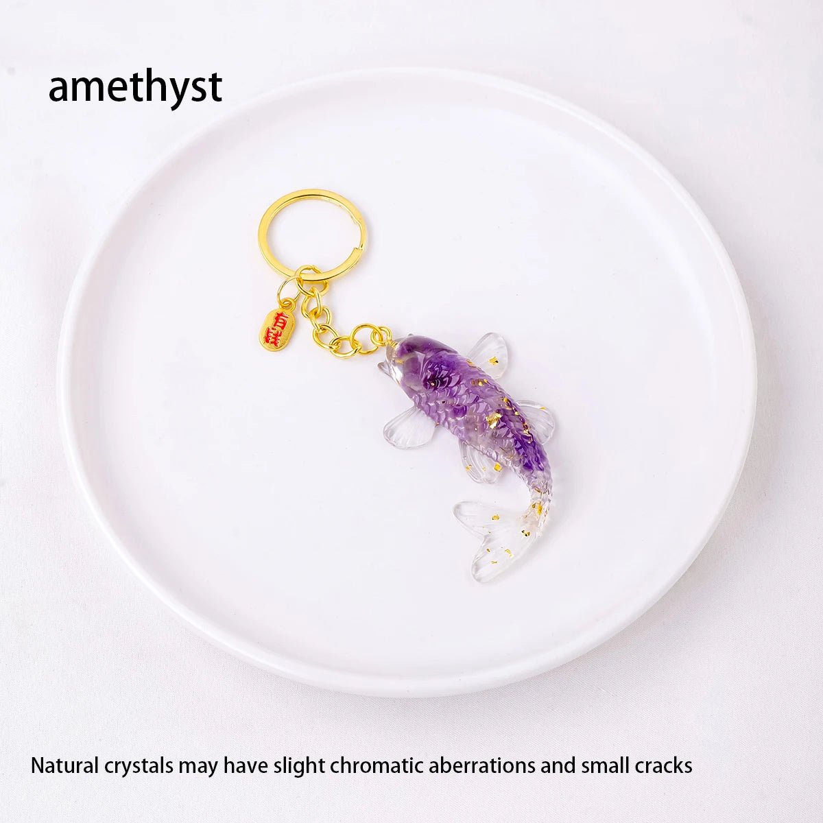 1PC Natural Gem Stone Keychains Dropper Resin Fish Amethyst Key Chain For DIY Car Key Rings Chains