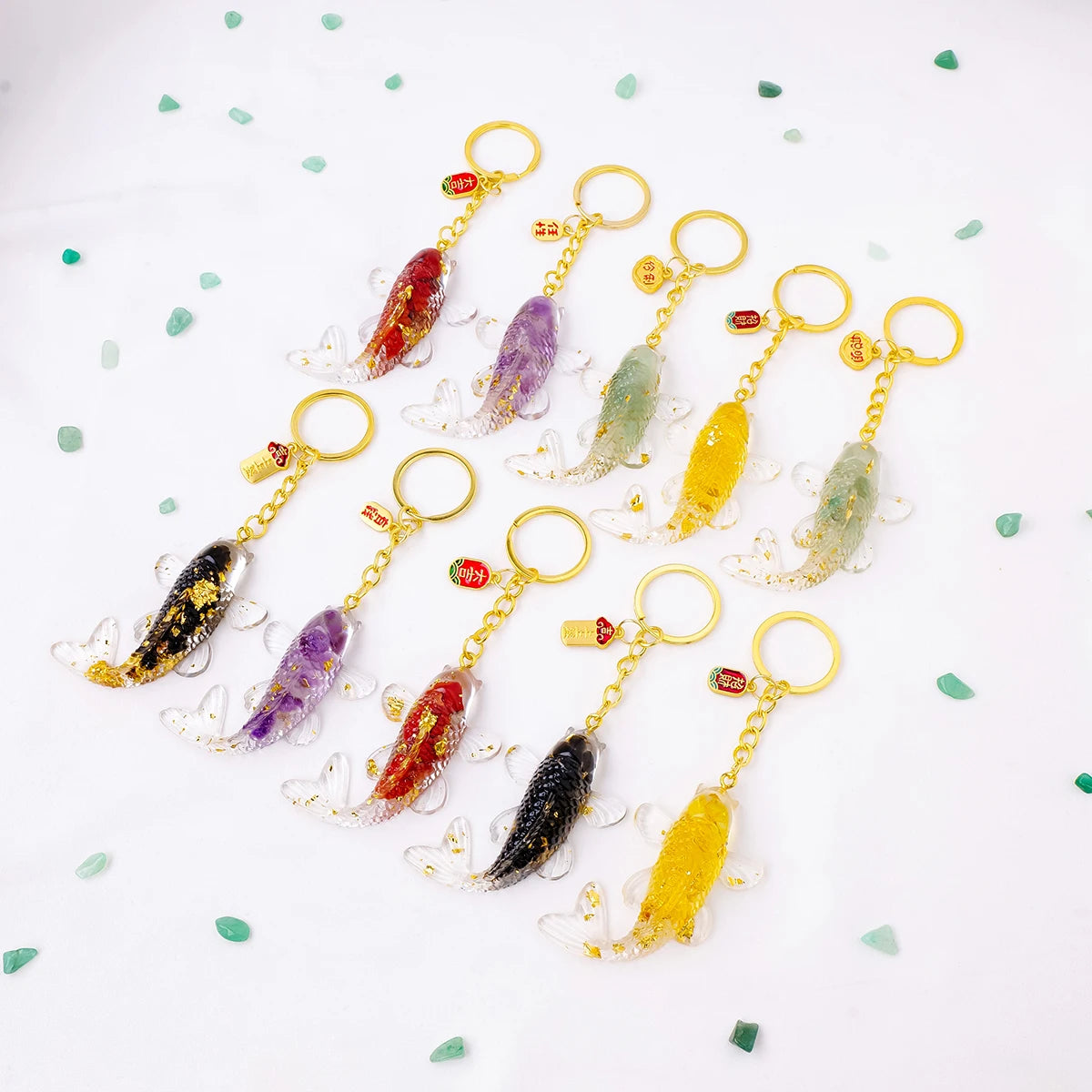 1PC Natural Gem Stone Keychains Dropper Resin Fish Amethyst Key Chain For DIY Car Key Rings Chains