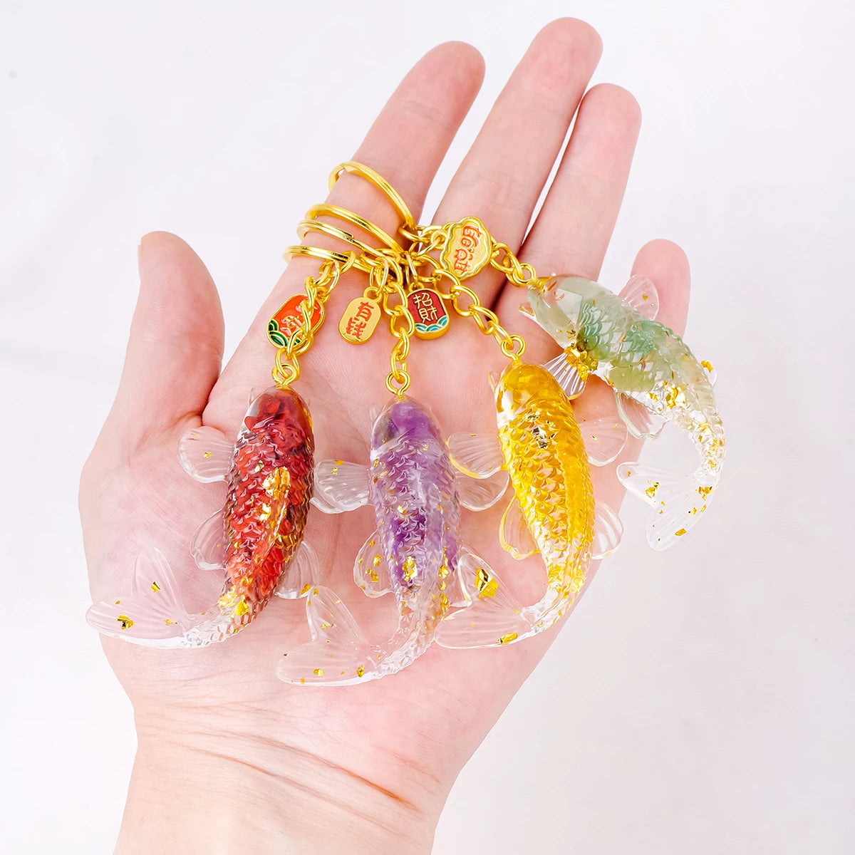 1PC Natural Gem Stone Keychains Dropper Resin Fish Amethyst Key Chain For DIY Car Key Rings Chains