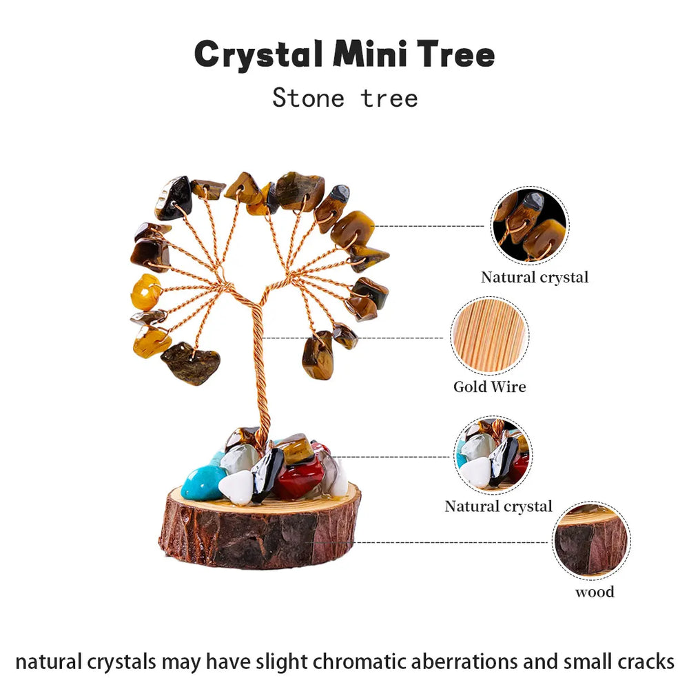 1PC Natural Gemstone Crystal Chakela Lucky Tree With Wood Base Home Office Desk Living Room Crystal Decor Mini Sized Home Decora