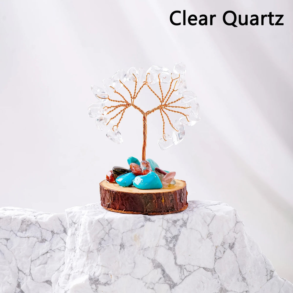 1PC Natural Gemstone Crystal Chakela Lucky Tree With Wood Base Home Office Desk Living Room Crystal Decor Mini Sized Home Decora