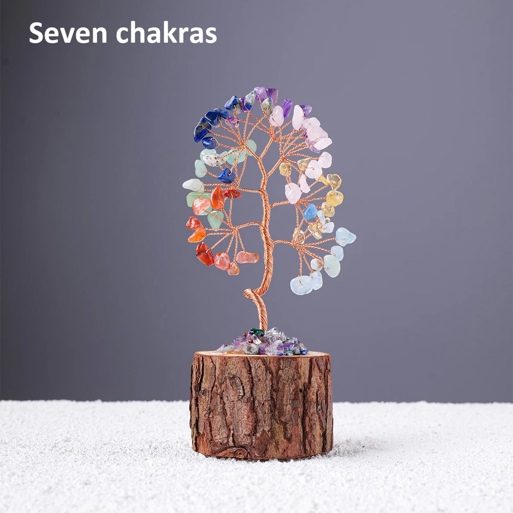 1PC Natural Gemstone Crystal Chakela Lucky Tree With Wood Base Home Office Desk Living Room Crystal Decor Mini Sized Home Decora