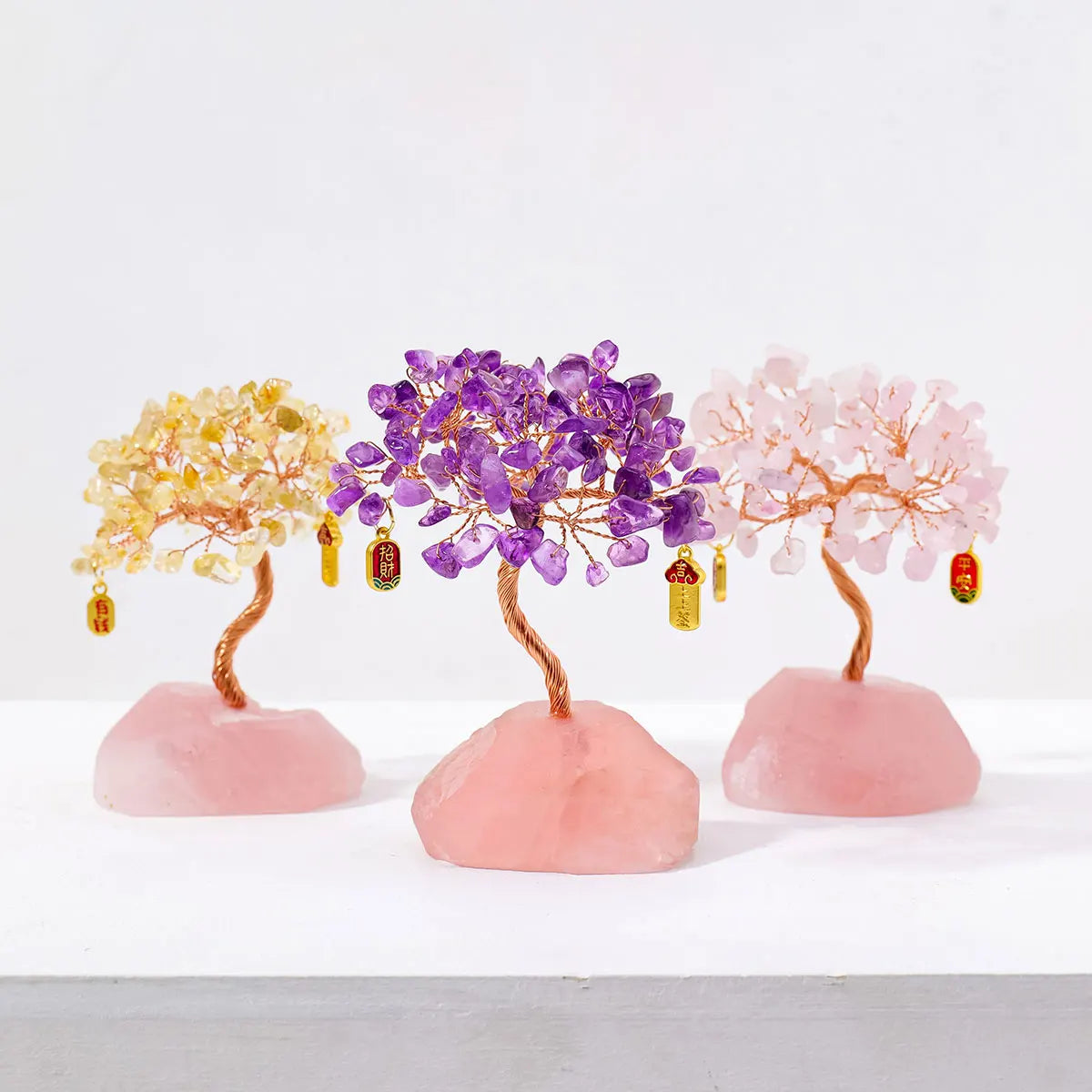 1PC Natural Gemstone Crystal Lucky Tree irregular Rose Quartz Base Home Office Desk Living Room Crystal Decor Garden Decoration