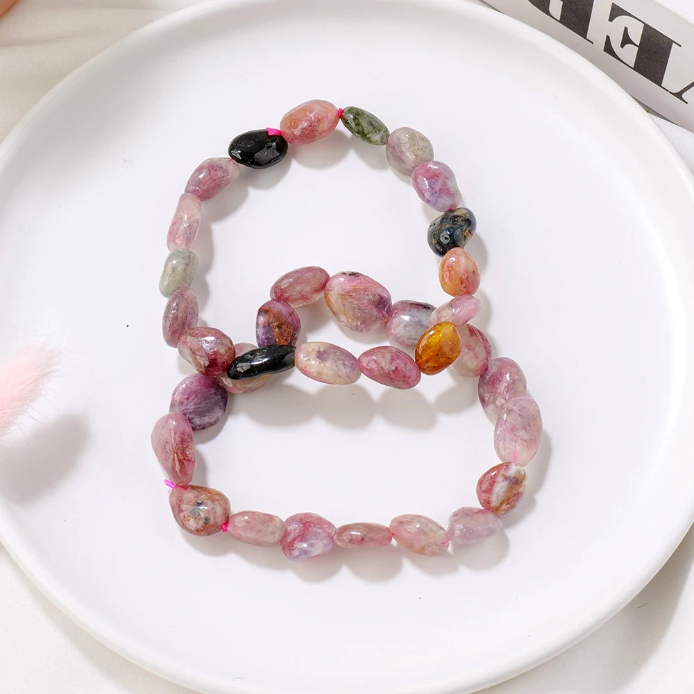 1PC Natural Gemstons Colored tourmaline Crystal Tumble Stone Bracelet Women Fashion Sweet Reiki Healing Energy Strand Bangles