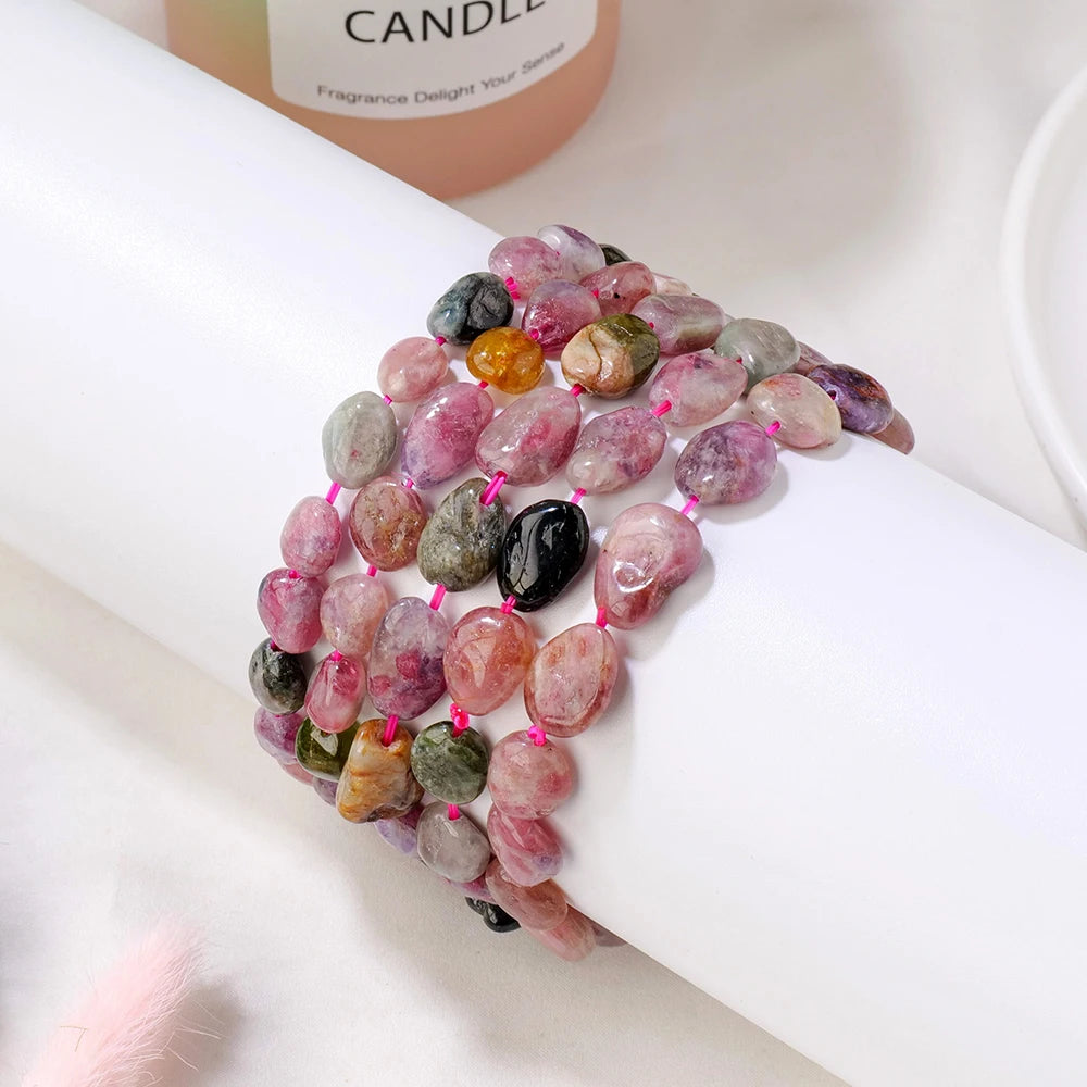 1PC Natural Gemstons Colored tourmaline Crystal Tumble Stone Bracelet Women Fashion Sweet Reiki Healing Energy Strand Bangles