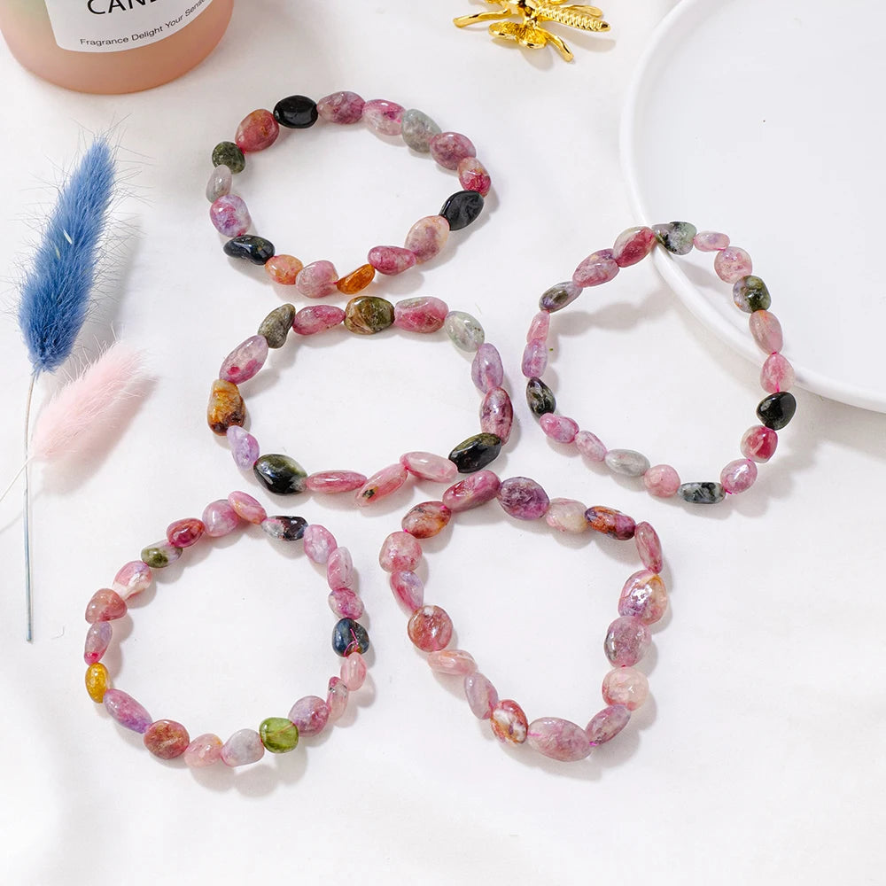 1PC Natural Gemstons Colored tourmaline Crystal Tumble Stone Bracelet Women Fashion Sweet Reiki Healing Energy Strand Bangles