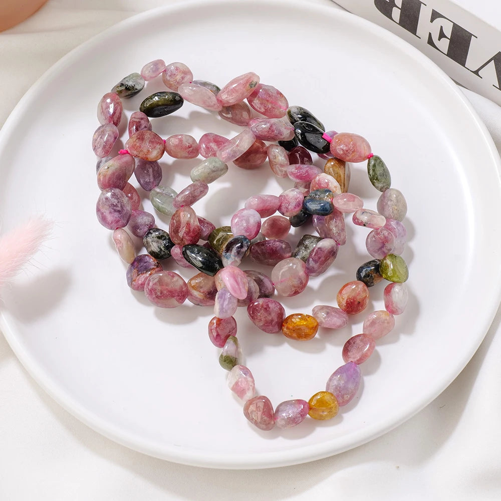 1PC Natural Gemstons Colored tourmaline Crystal Tumble Stone Bracelet Women Fashion Sweet Reiki Healing Energy Strand Bangles