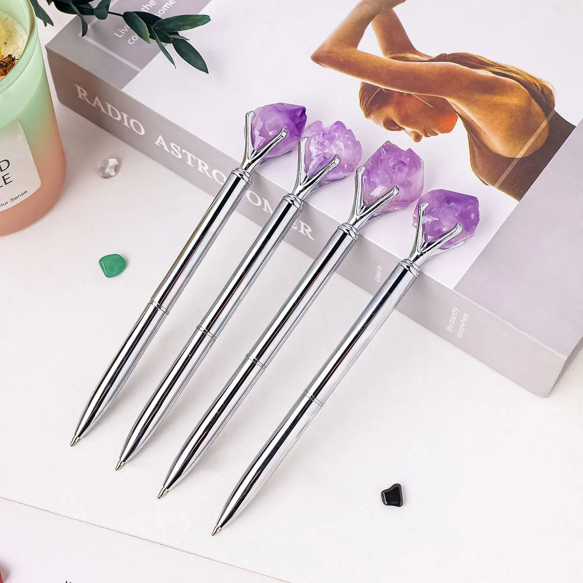 1PC Natural Healing Amethyst Crystal Original Raw Stone Cylindrical Pen Ballpoint Pen Student Stationery Office Business Gifts