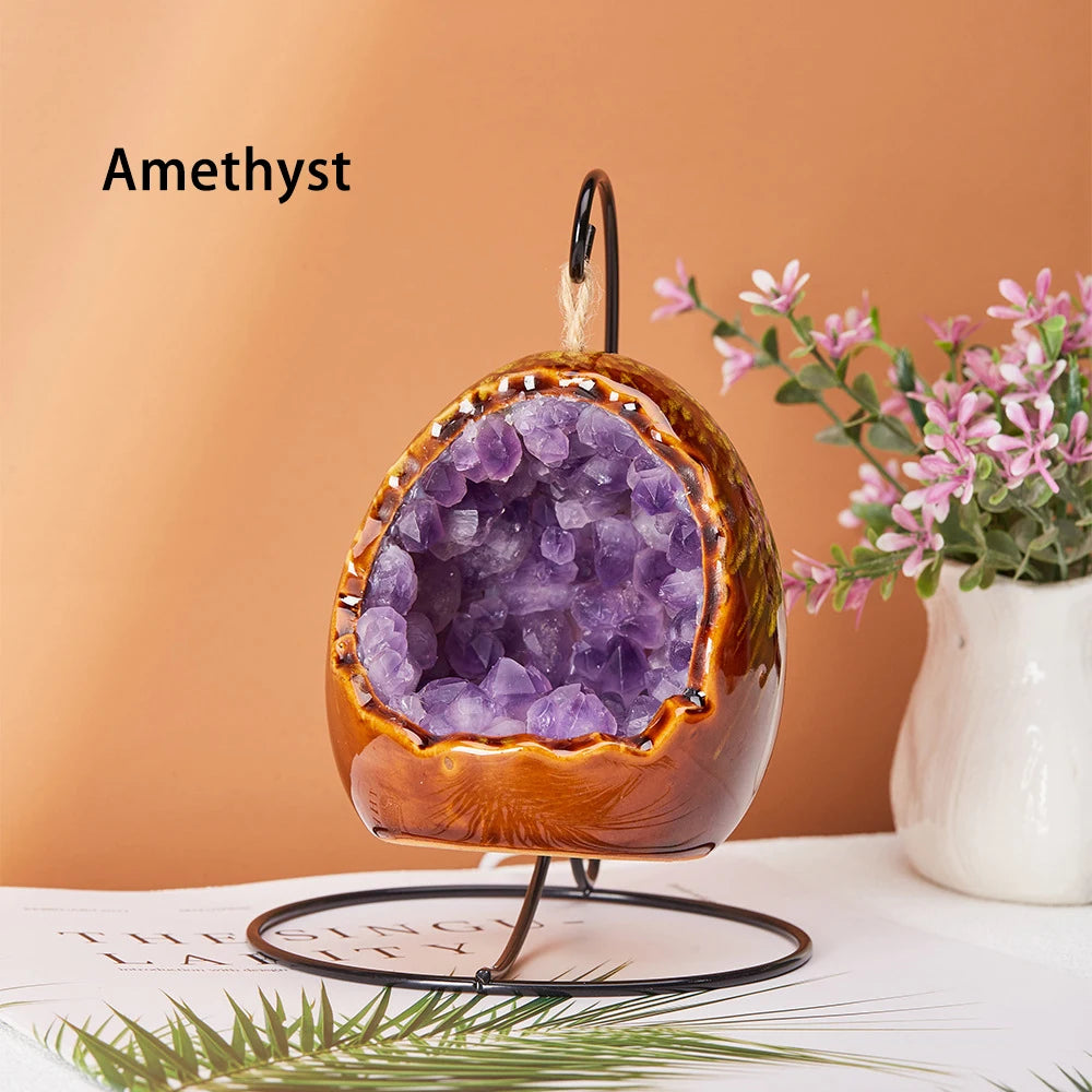 1PC Natural Healing Crystal Stone Amethyst Cluster Toothflower  Dinosaur Egg Shape Festival Night Home Decoration