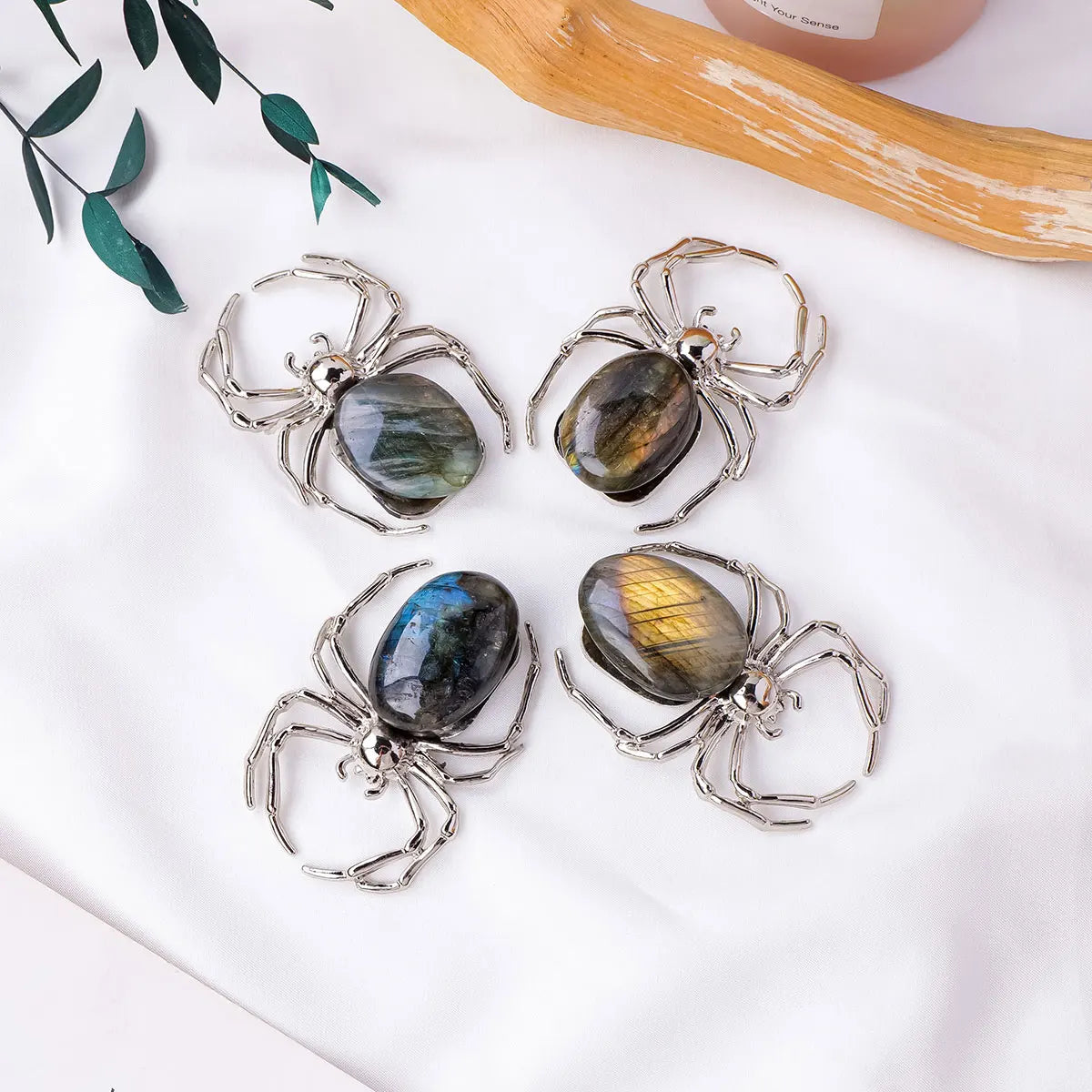 1PC Natural Healing Gemstone Irregular Raw Stone Labradorite DIY Spider Animal Metal DIY Decorative Ornaments