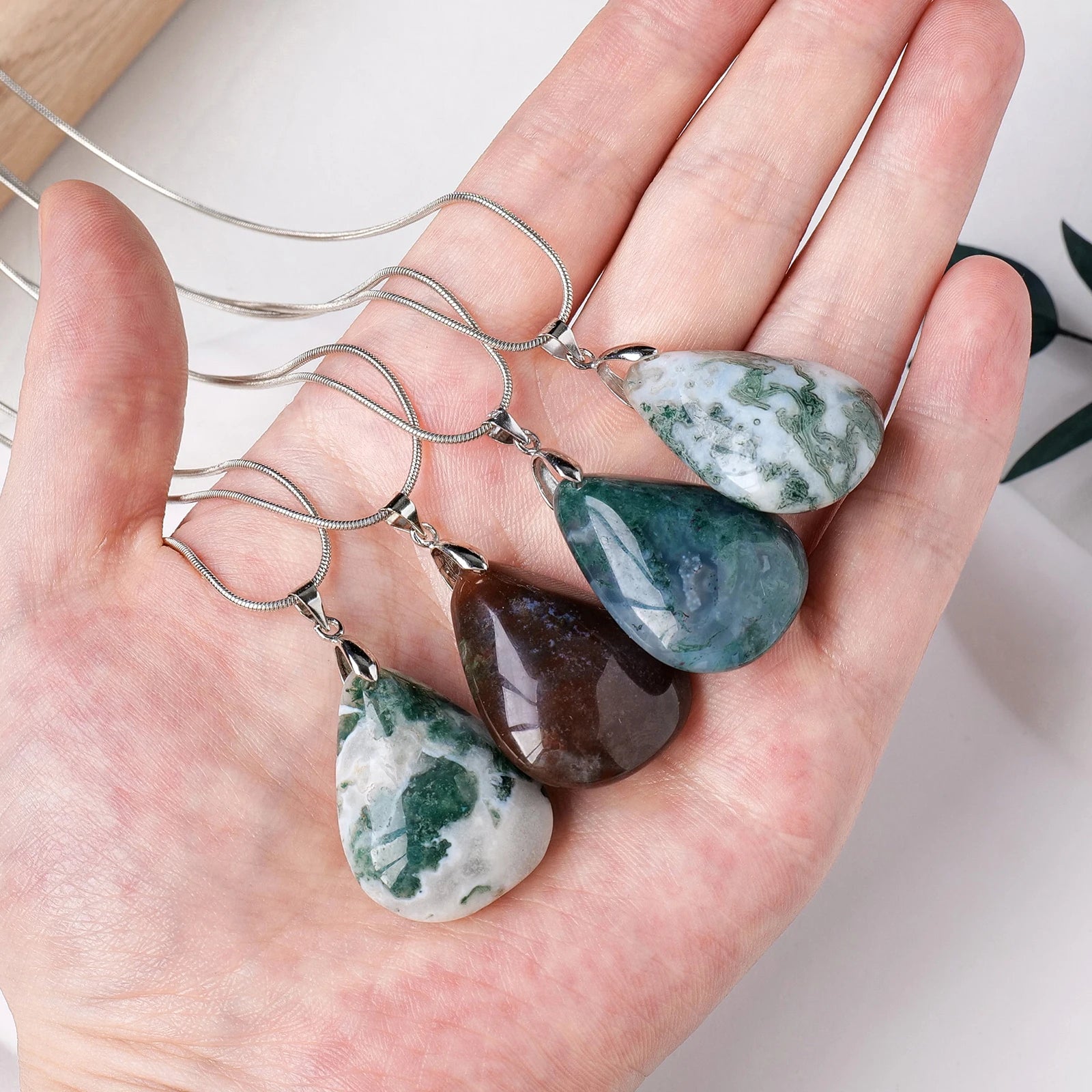 1PC Natural Healing Stone Water Drop Shape Green Moss agate Crystal pendant Women Men Jewelry Necklace Gift