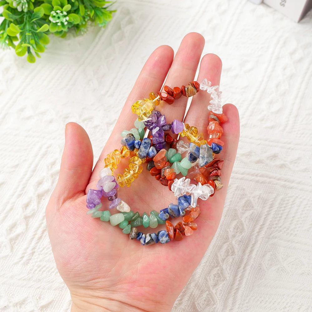 1PC Natural Lrregular Energy Gem Seven Chakra Crystal Bracelet Crystal Stretch Chip Beads Bangles Quartz Wristband For Women