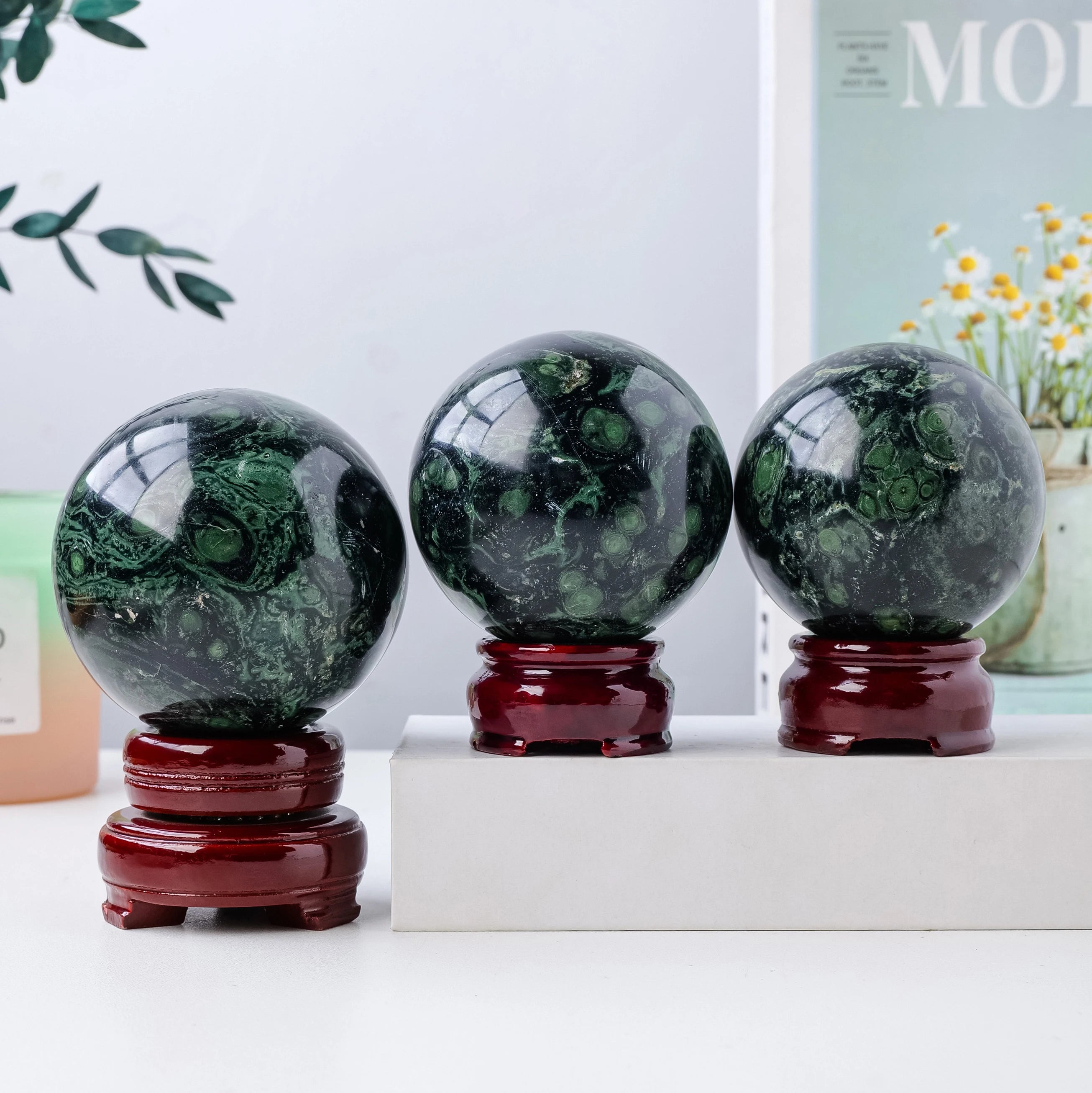 1PC Natural Polar Jade Crystal Ball Healing Crystals Sphere Peacock's Eye with Decorative Wooden Stand