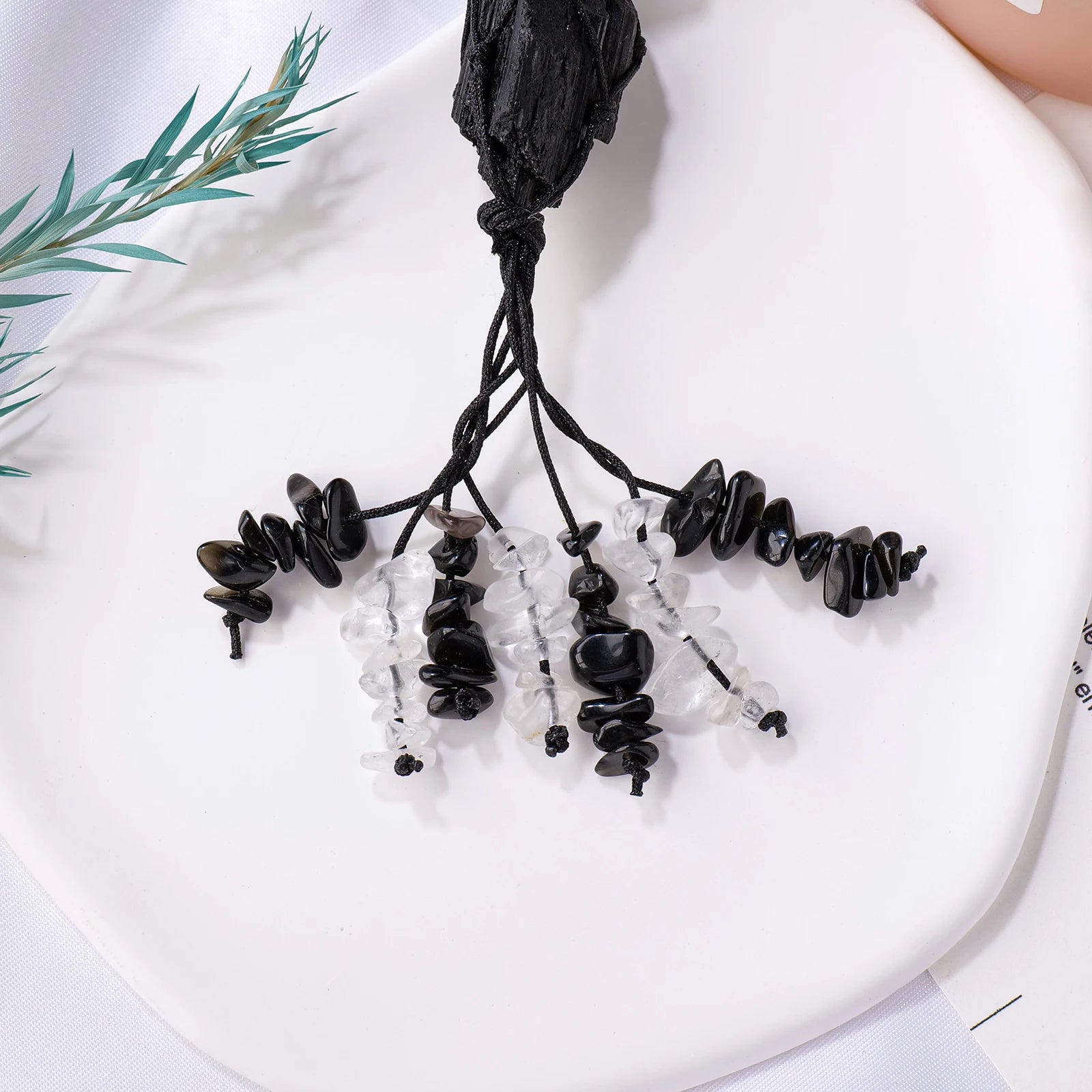 1PC Natural Raw Black Tourmaline Crystal Car Rearview Mirror Decorations Selenite Square Pendant Rough Tassel Hanging Ornaments