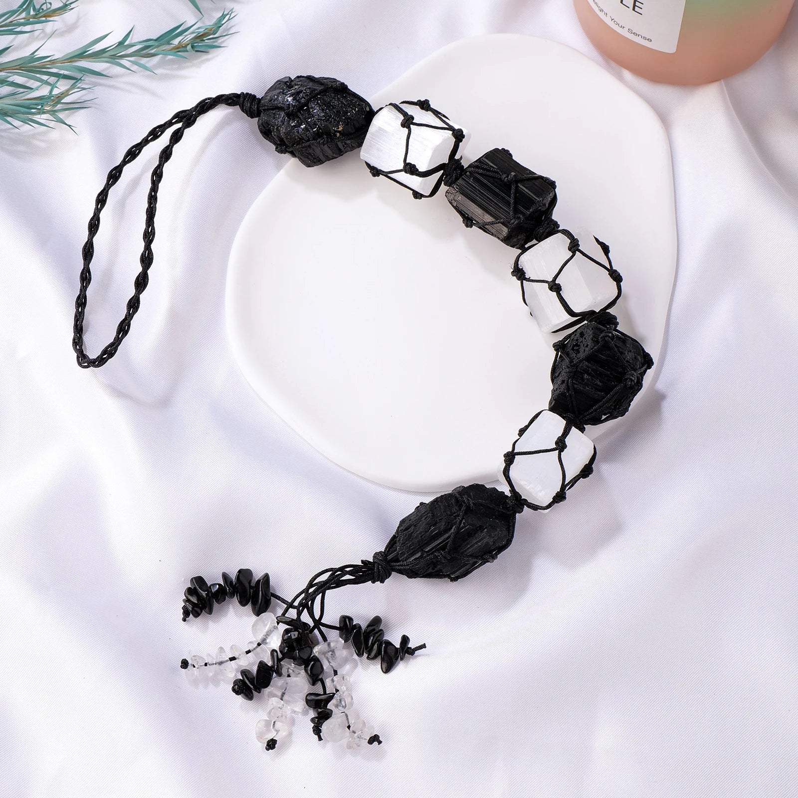 1PC Natural Raw Black Tourmaline Crystal Car Rearview Mirror Decorations Selenite Square Pendant Rough Tassel Hanging Ornaments