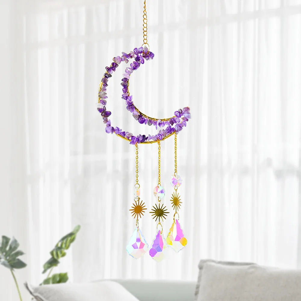 1PC Natural Raw Stone Gemstone Crystal Gravel Moon Shaped Wind Chimes Pendant Healing Gifts Perfect Decoration