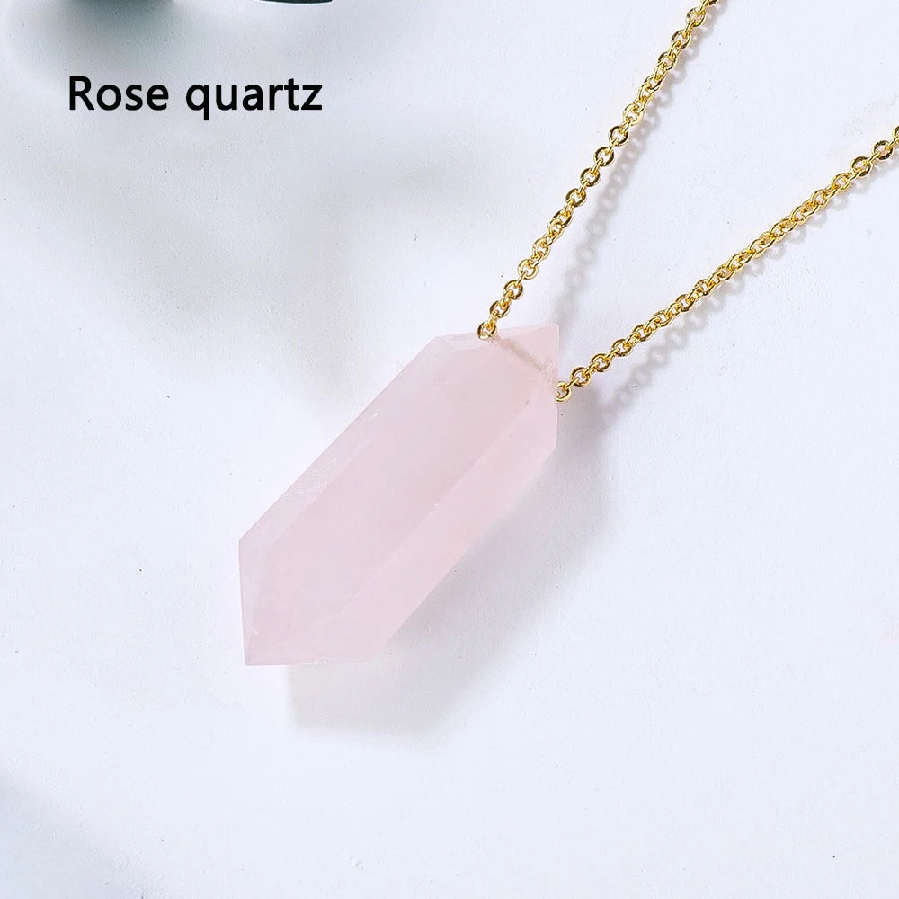 1PC Natural Rose Quartz Fluorite Crystal Double Point Pendant Healing Crystals Necklaces