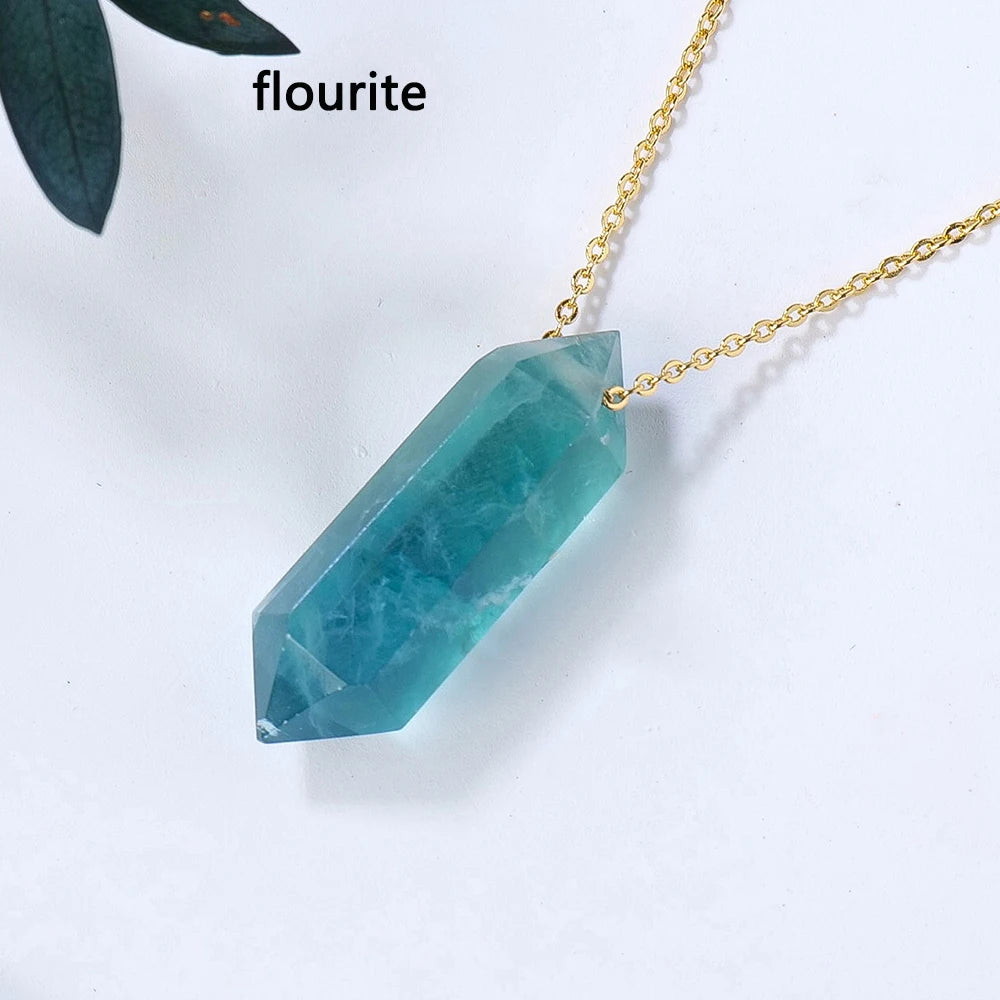 1PC Natural Rose Quartz Fluorite Crystal Double Point Pendant Healing Crystals Necklaces