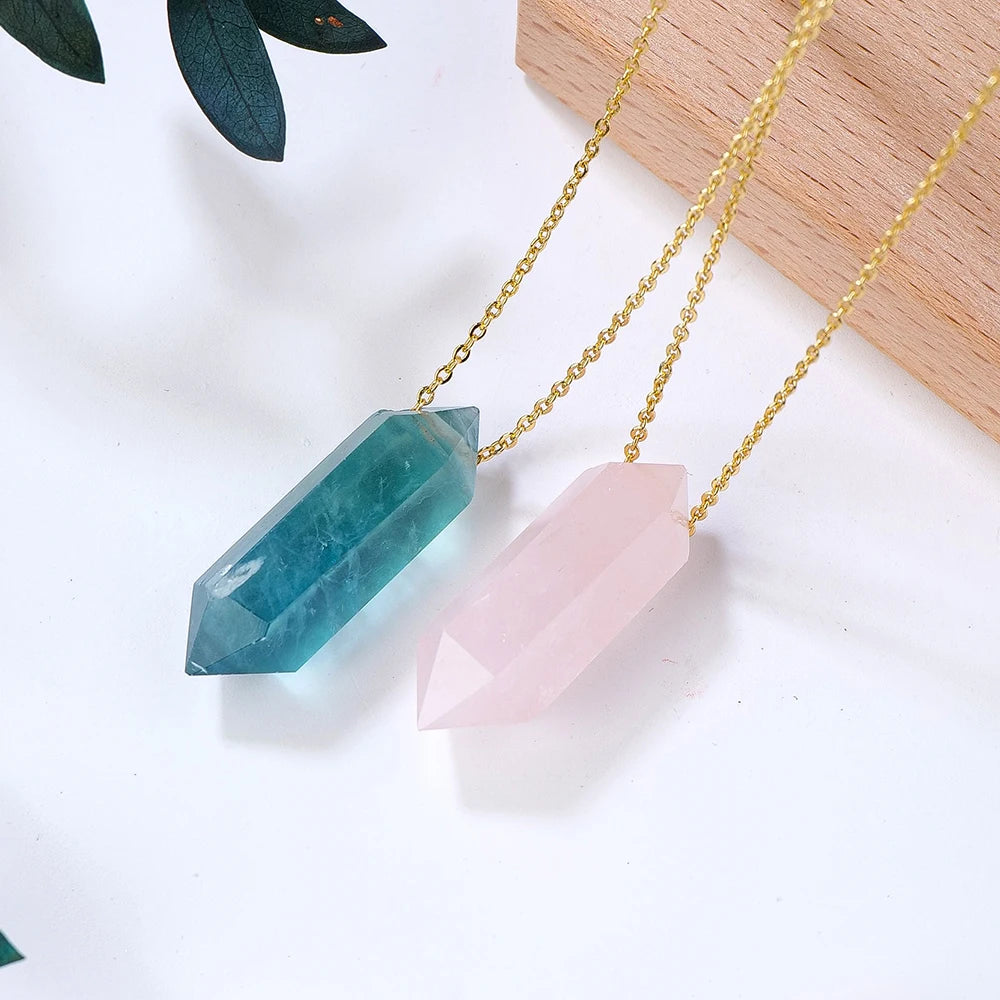 1PC Natural Rose Quartz Fluorite Crystal Double Point Pendant Healing Crystals Necklaces