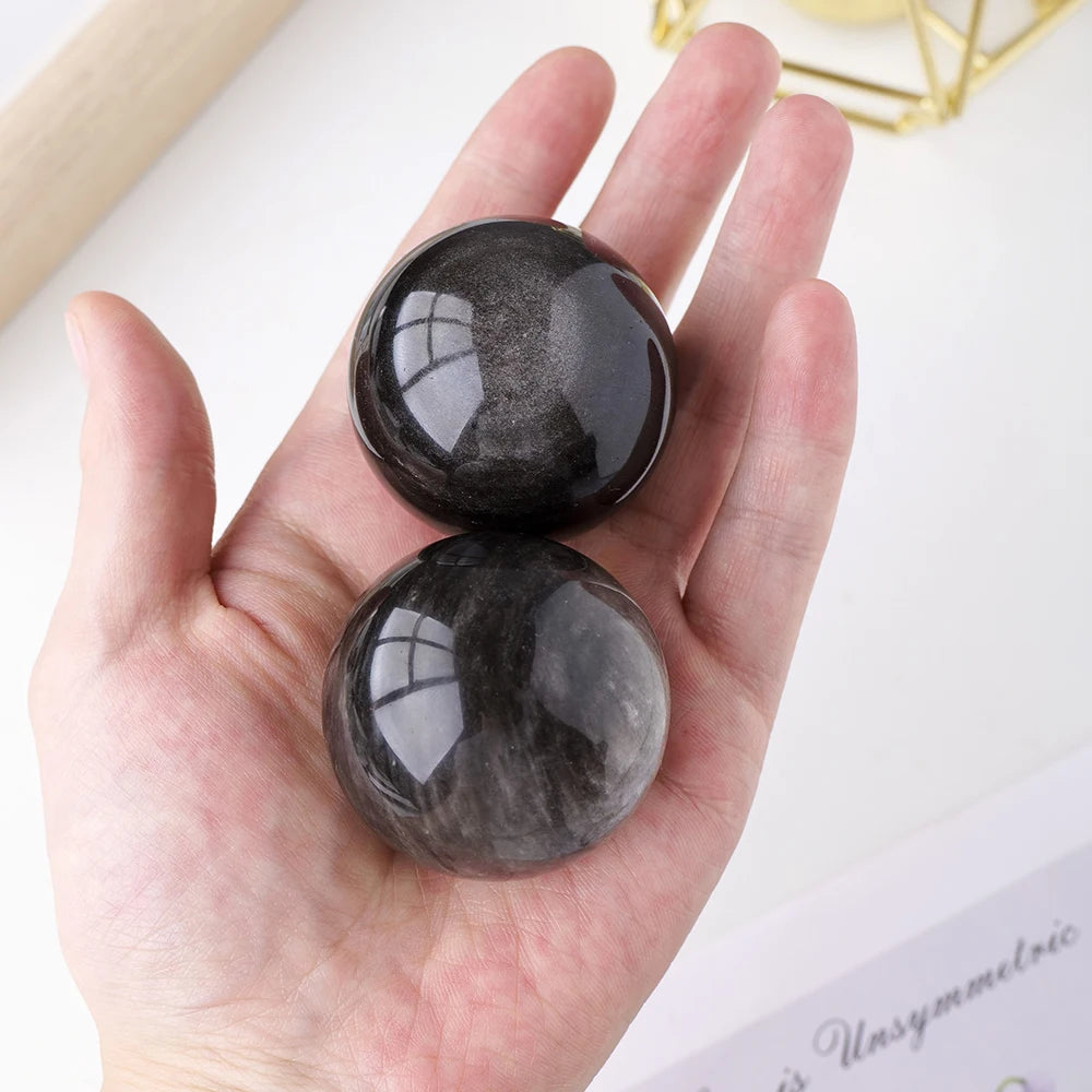 1PC Natural  Silver Obsidian Crystal Sphere Magic Ball Polished Globe Massaging Ball Reiki Healing Stone With Wooden Base