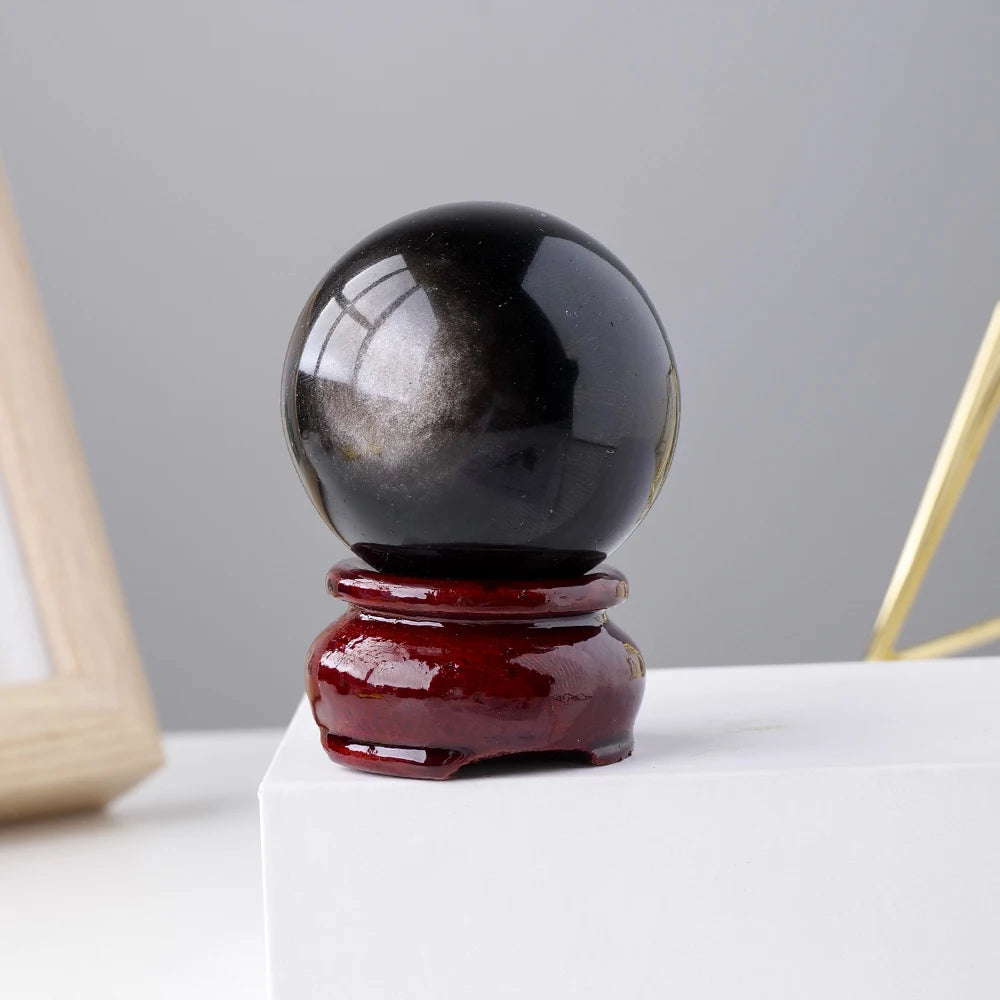 1PC Natural  Silver Obsidian Crystal Sphere Magic Ball Polished Globe Massaging Ball Reiki Healing Stone With Wooden Base