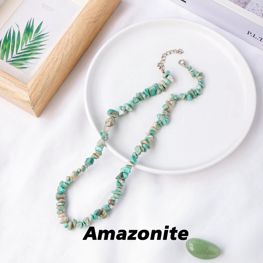 1PC Natural Stone Amazonite Rose Quartz Amethyst Crystal Beaded Choker Necklace for Women Gravel Chip Pendant