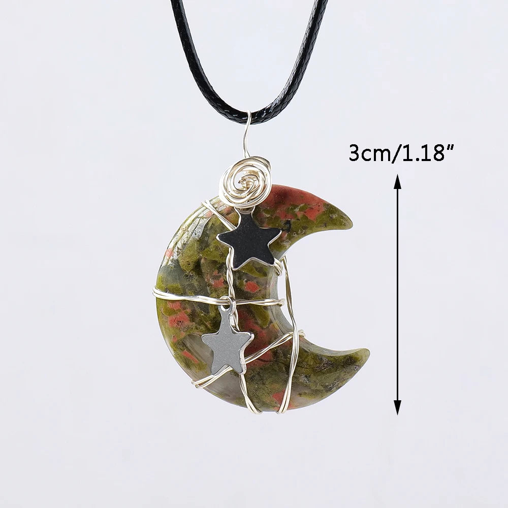 1PC Natural Stone Moon and Star Healing Crystal Chakra Pendant Necklace  For Women Exquisite Jewelry