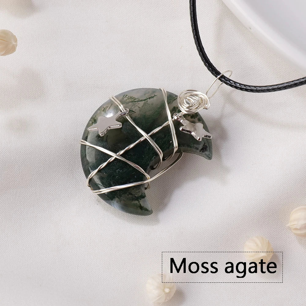 1PC Natural Stone Moon and Star Healing Crystal Chakra Pendant Necklace  For Women Exquisite Jewelry