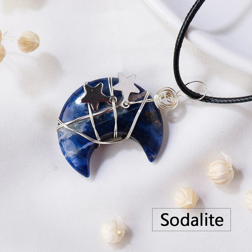 1PC Natural Stone Moon and Star Healing Crystal Chakra Pendant Necklace  For Women Exquisite Jewelry