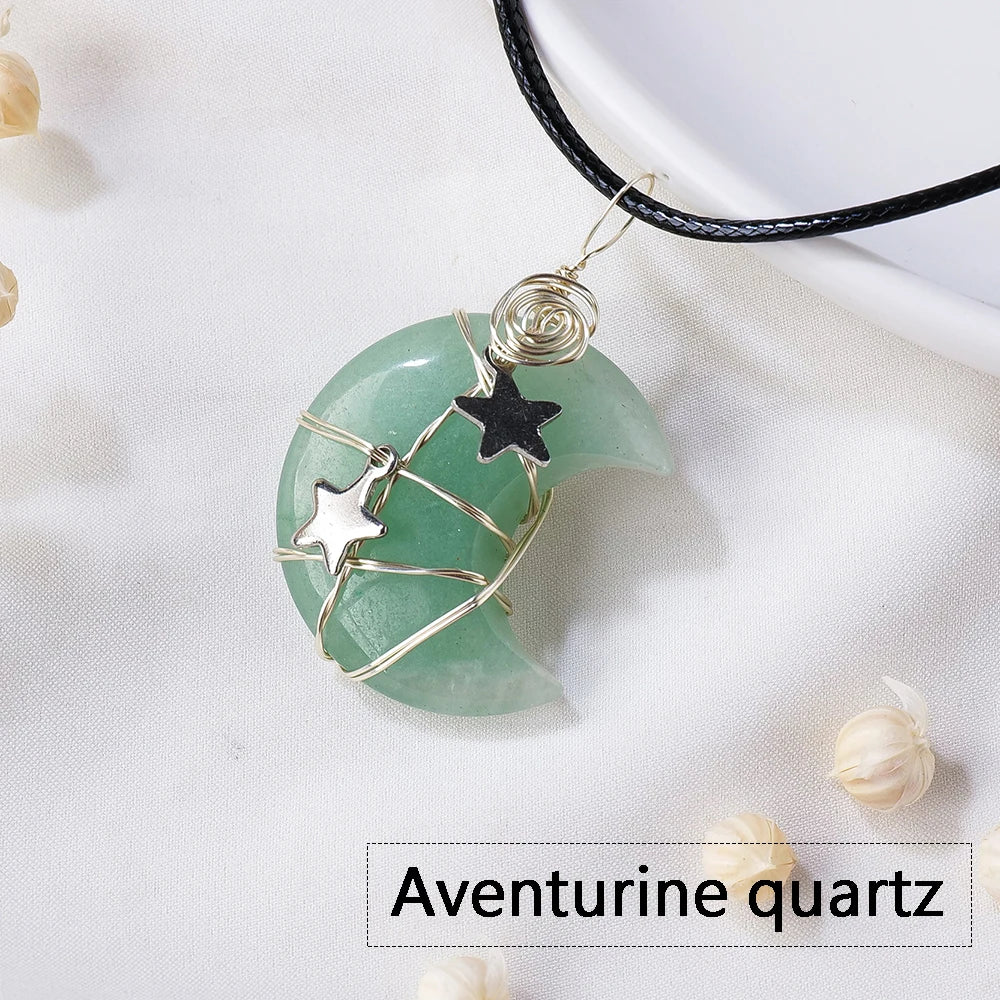 1PC Natural Stone Moon and Star Healing Crystal Chakra Pendant Necklace  For Women Exquisite Jewelry