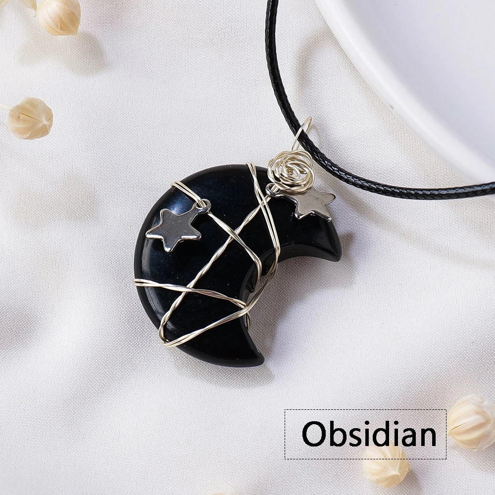 1PC Natural Stone Moon and Star Healing Crystal Chakra Pendant Necklace  For Women Exquisite Jewelry