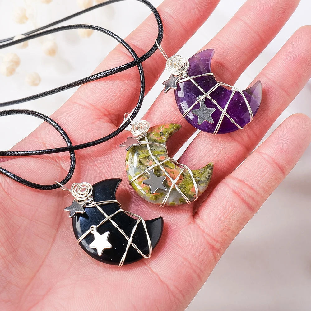 1PC Natural Stone Moon and Star Healing Crystal Chakra Pendant Necklace  For Women Exquisite Jewelry