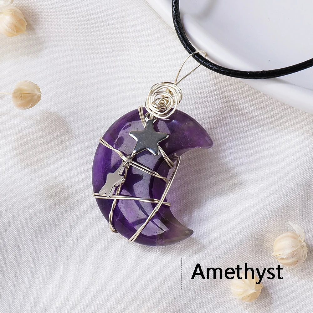 1PC Natural Stone Moon and Star Healing Crystal Chakra Pendant Necklace  For Women Exquisite Jewelry