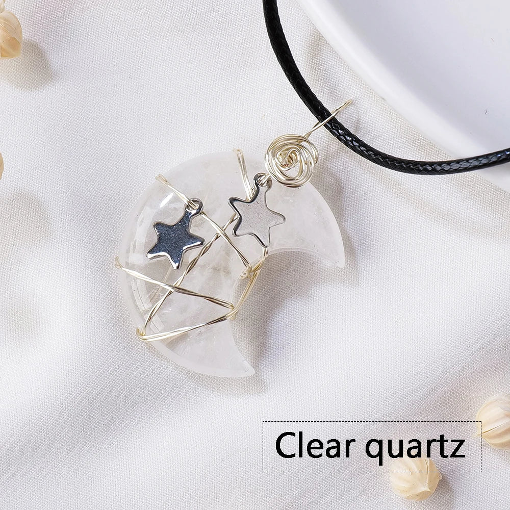 1PC Natural Stone Moon and Star Healing Crystal Chakra Pendant Necklace  For Women Exquisite Jewelry