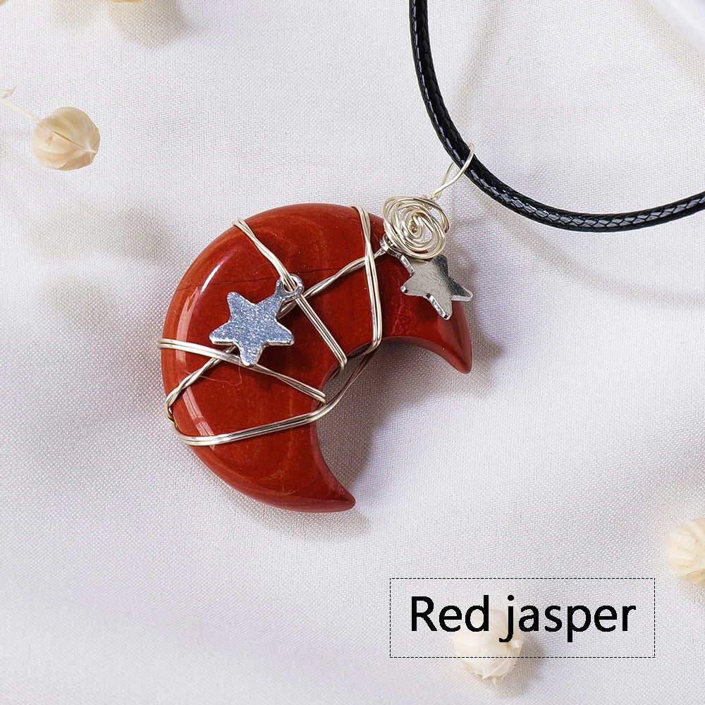 1PC Natural Stone Moon and Star Healing Crystal Chakra Pendant Necklace  For Women Exquisite Jewelry