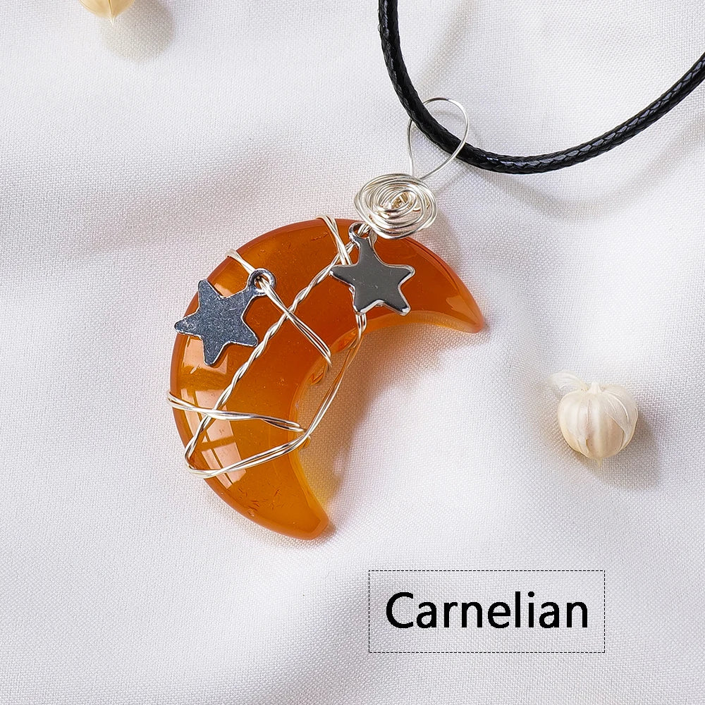 1PC Natural Stone Moon and Star Healing Crystal Chakra Pendant Necklace  For Women Exquisite Jewelry