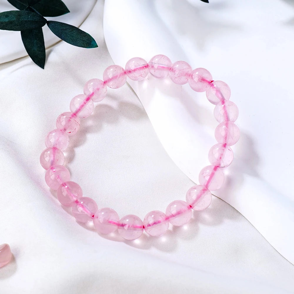 1PC Natural Stone Pink Quartz  Power Crystal Rose Quartz Beaded Bracelets Reiki Healing Energy Strand Bangles Girls Jewelry