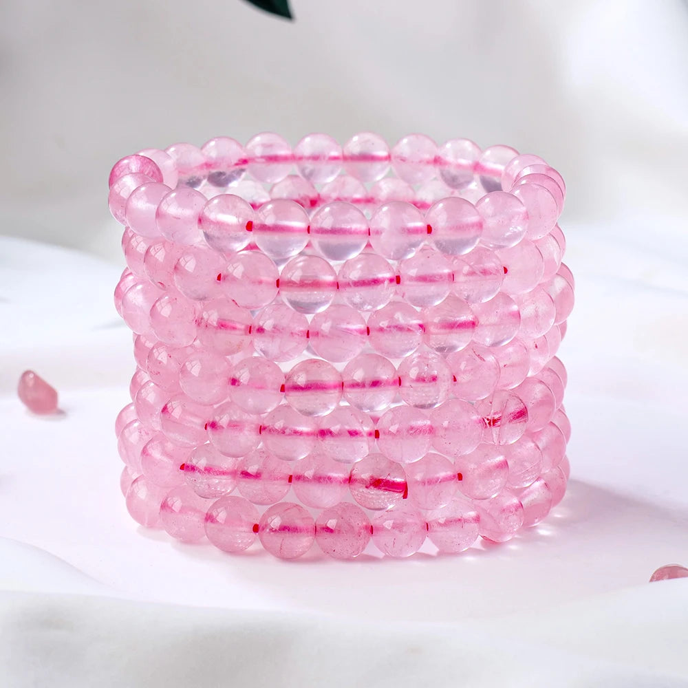 1PC Natural Stone Pink Quartz  Power Crystal Rose Quartz Beaded Bracelets Reiki Healing Energy Strand Bangles Girls Jewelry