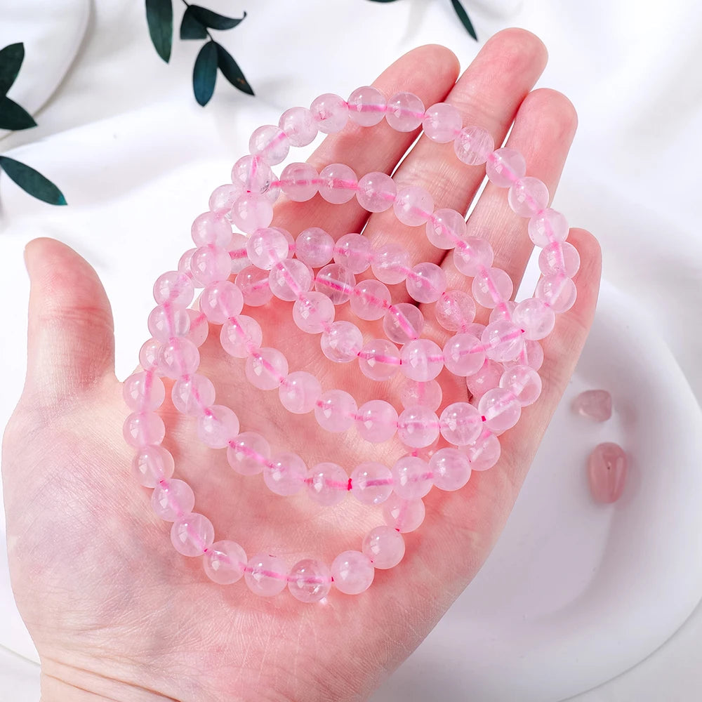 1PC Natural Stone Pink Quartz  Power Crystal Rose Quartz Beaded Bracelets Reiki Healing Energy Strand Bangles Girls Jewelry