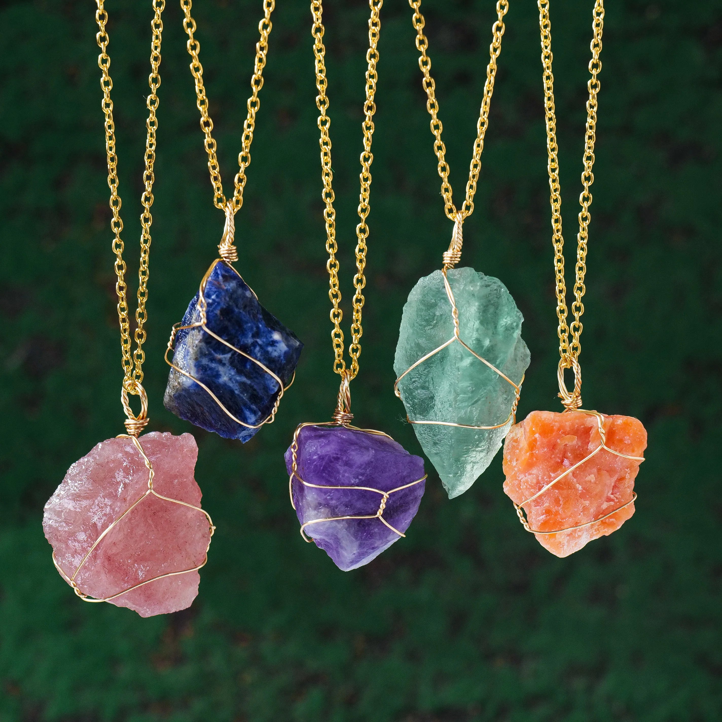 1PC Natural Stone Raw Ore Green Fluorite Rose Quartz Gemstone Pendant Rough Necklace Jewelry Accessories