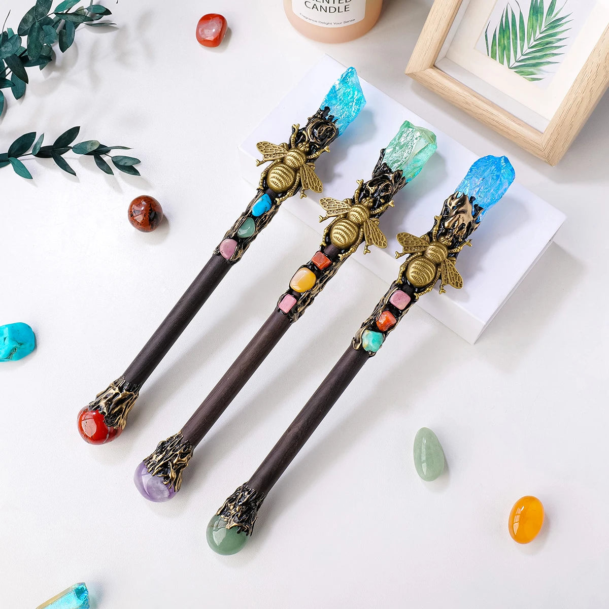 1PC Natural Stones Magic Wand Aura Rainbow Color Raw Stone Crystal Scepter Mica Fairy Wand Wizard Witch Accessories