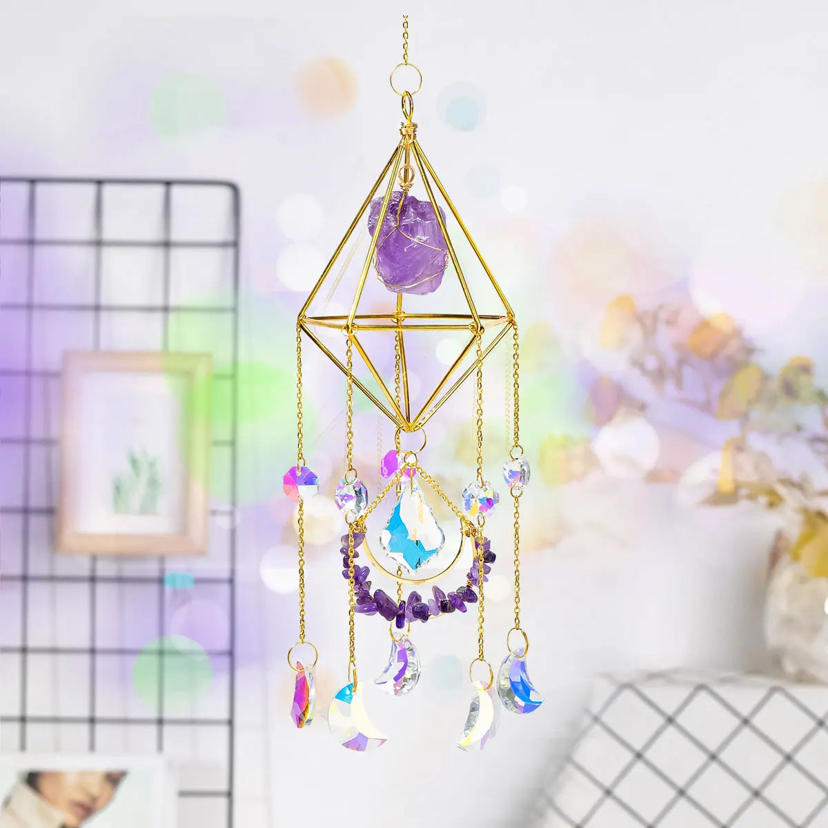 1PC Natural Stones Raw Crystals Sun Catcher Wind Chime Pendant Hanging Sun Rainbow Light Catcher Chain Window Home Decor