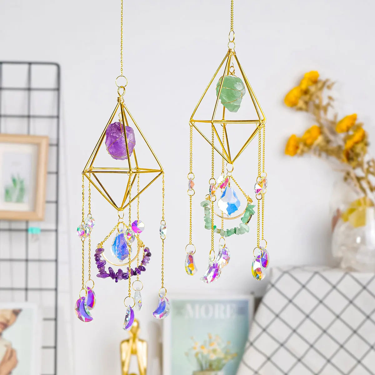 1PC Natural Stones Raw Crystals Sun Catcher Wind Chime Pendant Hanging Sun Rainbow Light Catcher Chain Window Home Decor