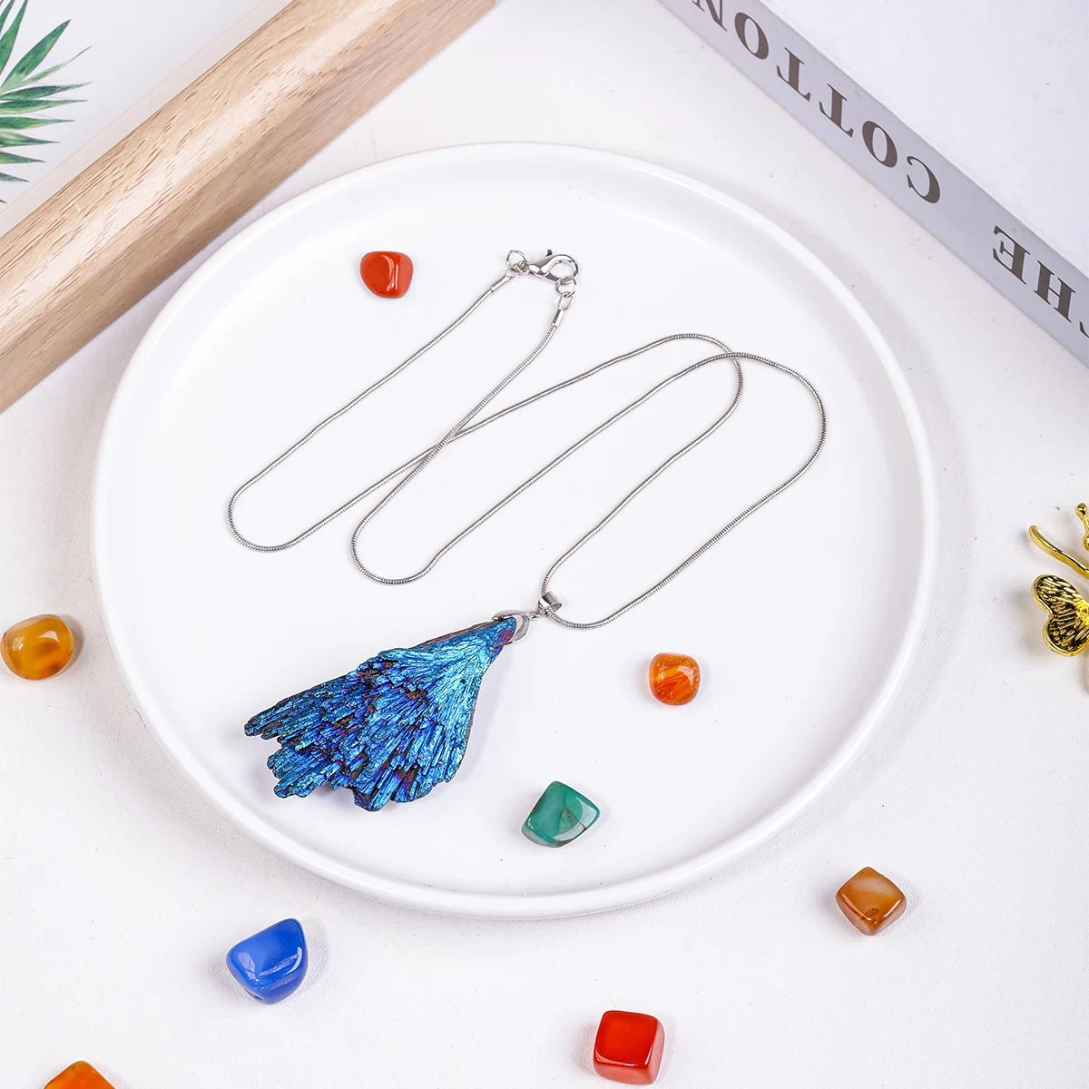 1PC Natural Stones Tourmaline Aura Blue Flame Irregular Feather Shape Healing Crystal Pendant Necklace for Women