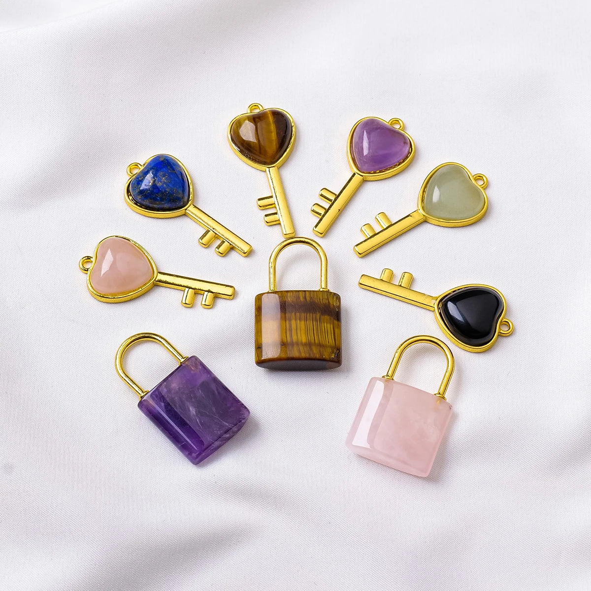 1PC Natural crystal Gemstone Lovers Lock Key Pendant Love Shape Energy Necklace jewelry Reiki Beloved Female Valentine's Day Gif