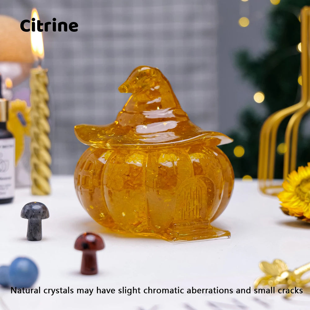 1PCNatural Crystal Gravel Pumpkin House Statue Dropper Resin Reiki Stone Fengshui Halloween Gift Witch Candy Box Home Decoration