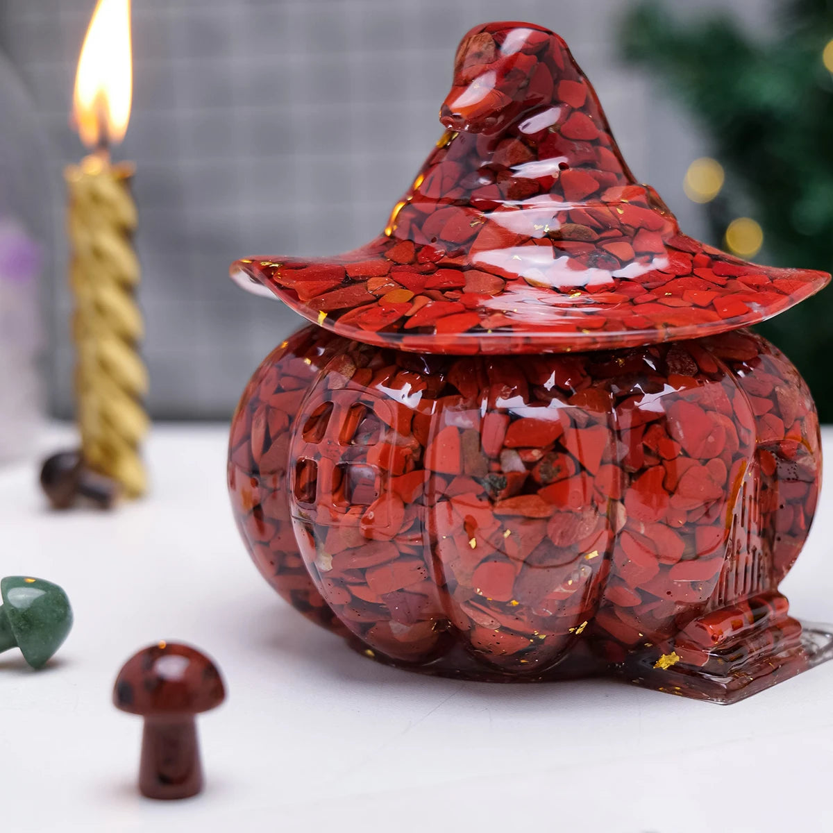 1PCNatural Crystal Gravel Pumpkin House Statue Dropper Resin Reiki Stone Fengshui Halloween Gift Witch Candy Box Home Decoration