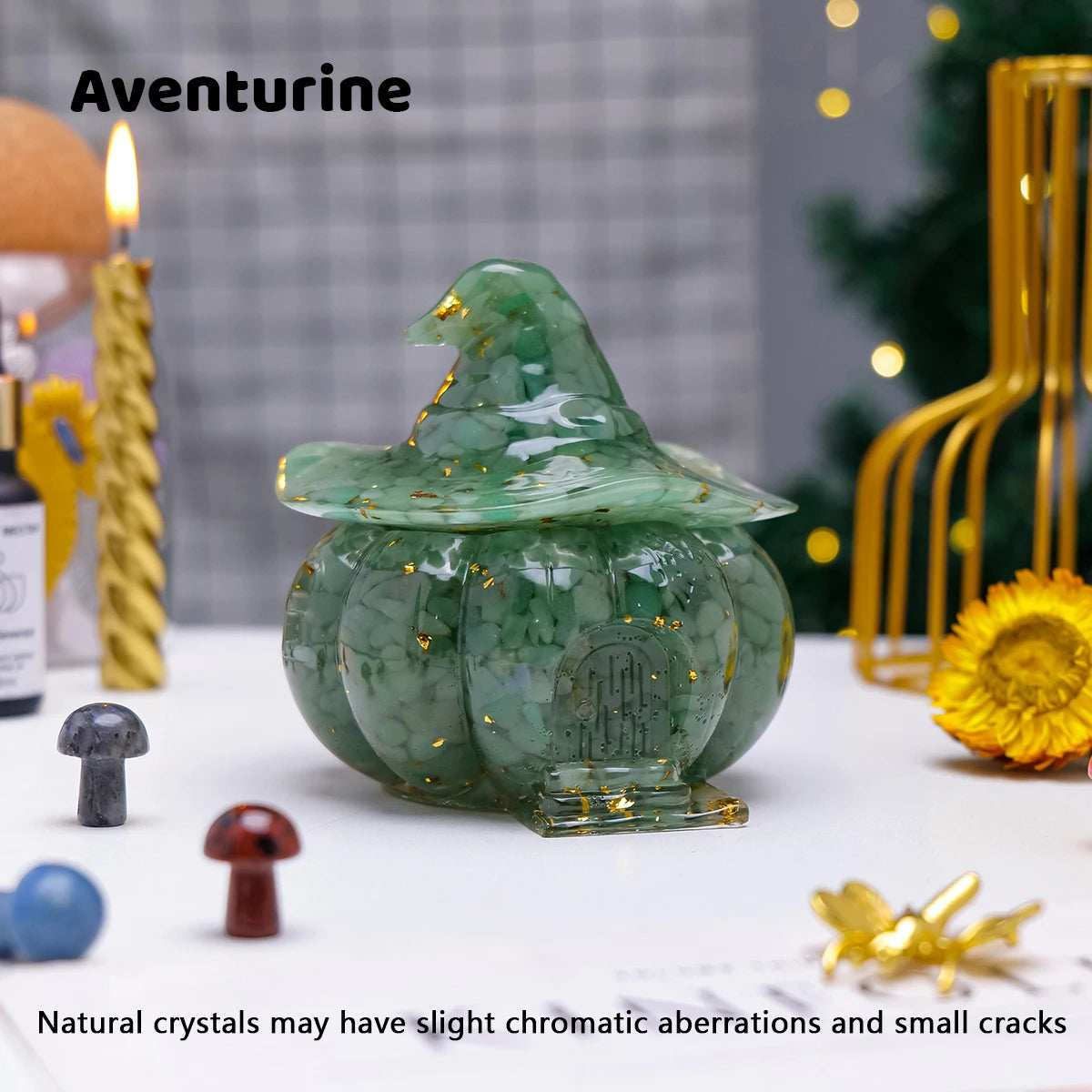 1PCNatural Crystal Gravel Pumpkin House Statue Dropper Resin Reiki Stone Fengshui Halloween Gift Witch Candy Box Home Decoration