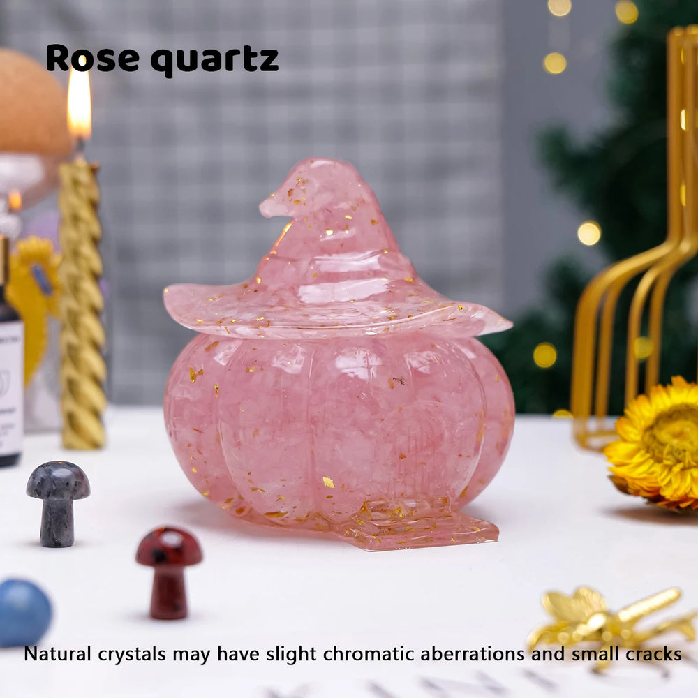 1PCNatural Crystal Gravel Pumpkin House Statue Dropper Resin Reiki Stone Fengshui Halloween Gift Witch Candy Box Home Decoration