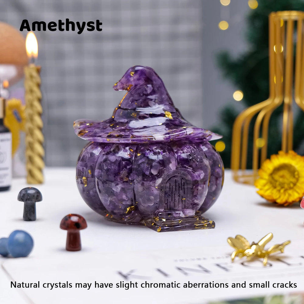 1PCNatural Crystal Gravel Pumpkin House Statue Dropper Resin Reiki Stone Fengshui Halloween Gift Witch Candy Box Home Decoration